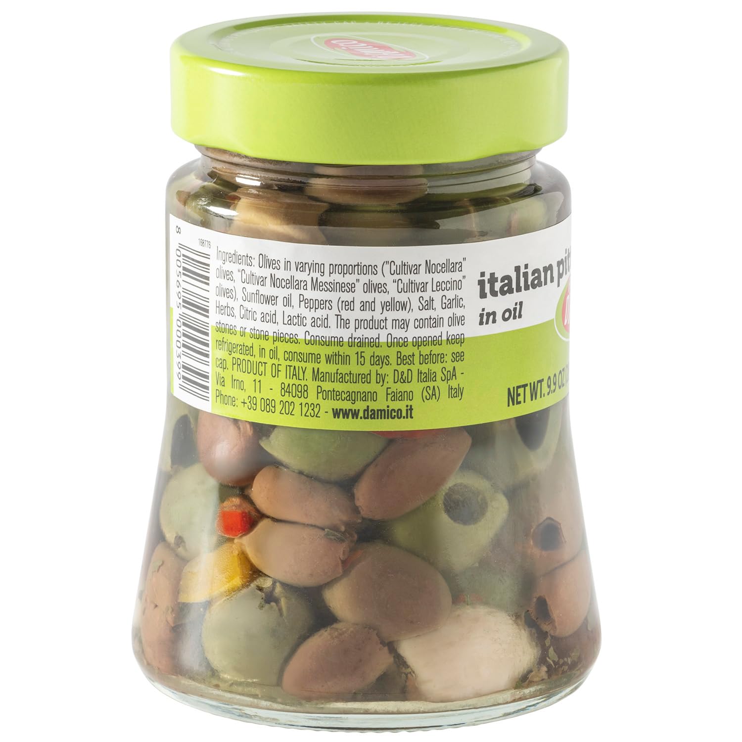Back view of Fratelli D’Amico Italian Pitted Olives Trio in oil jar showing ingredient list with olives, garlic, and red and yellow peppers, Product of Italy