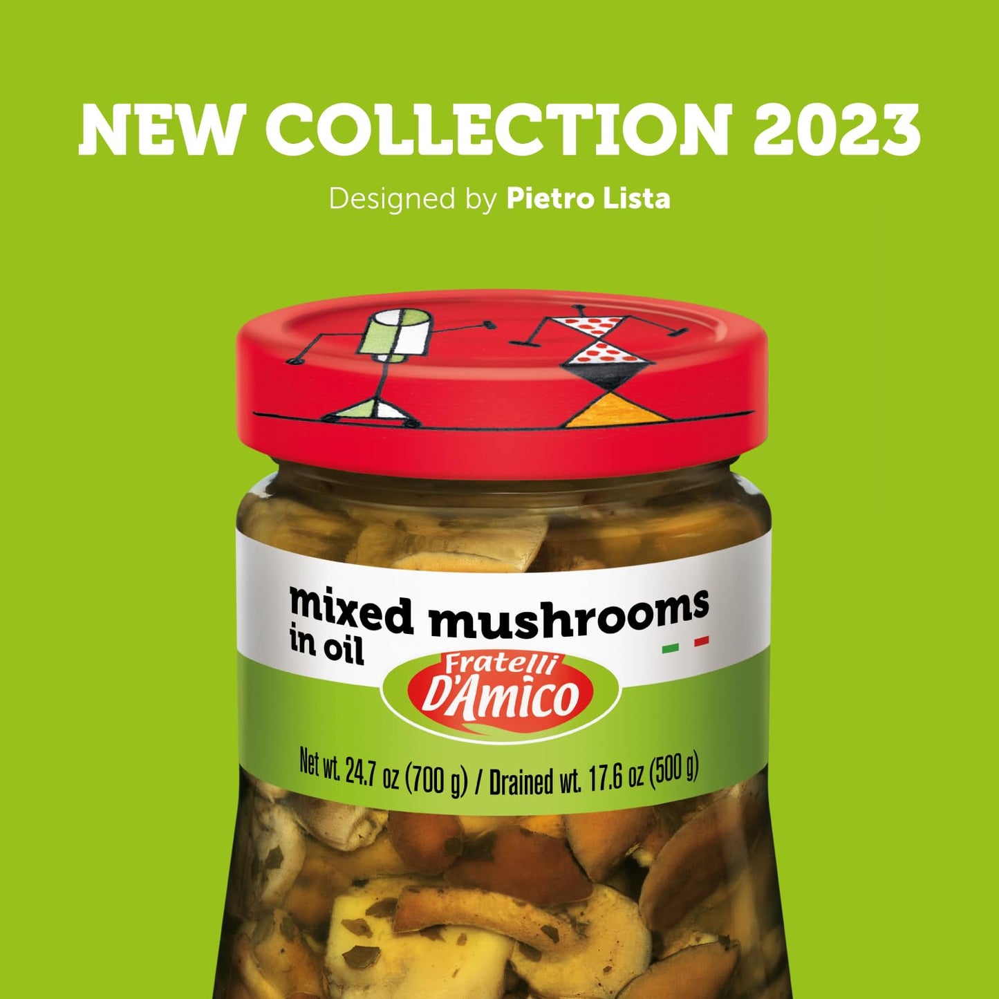 Fratelli D’Amico Mixed Mushrooms in Oil, 24.7 oz (700 g) jar with 17.6 oz (500 g) drained weight, New Collection 2023 edition designed by Pietro Lista, featuring a colorful illustrated red lid on a green background.