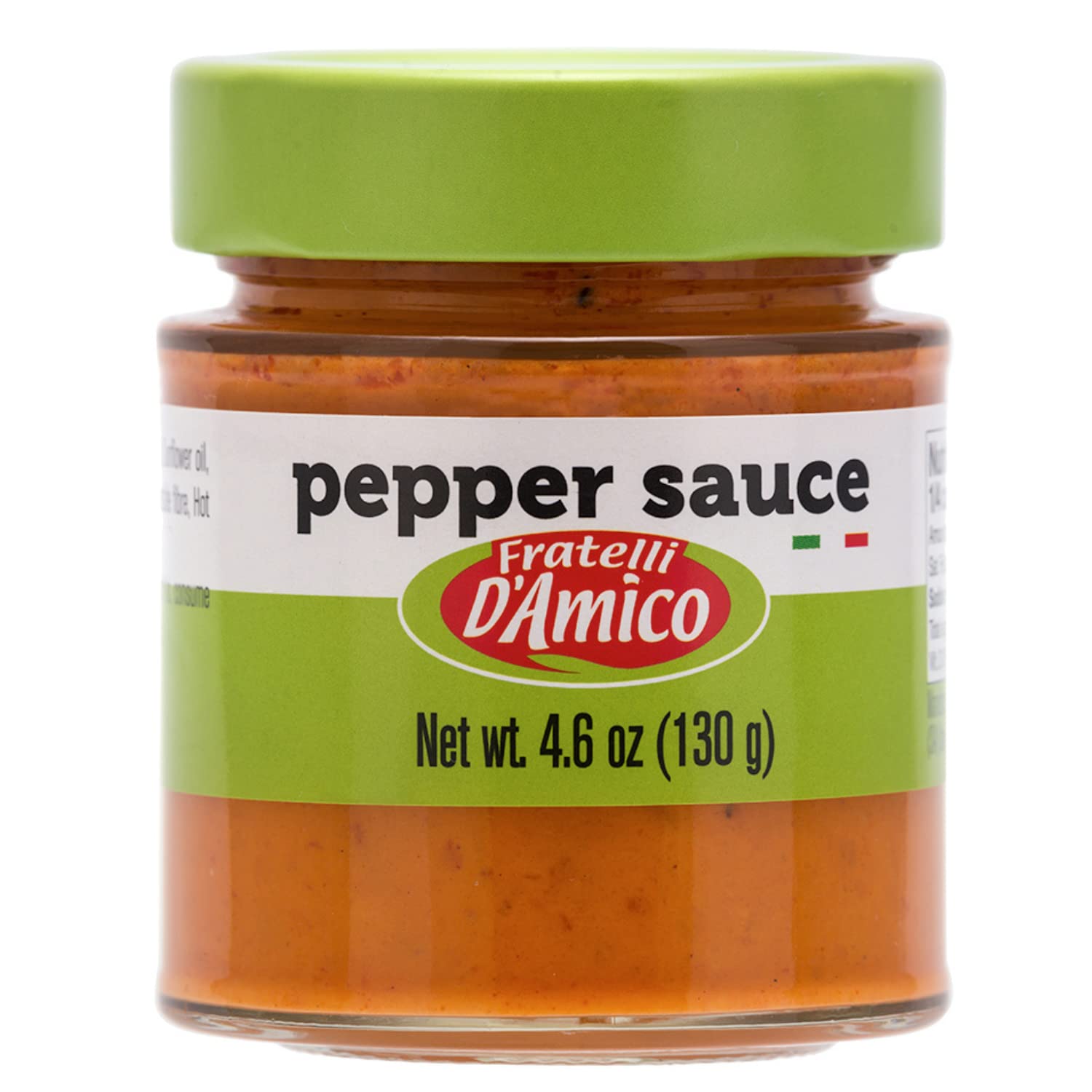 Jar of Fratelli D’Amico Red Pepper Pesto Sauce, authentic Italian red pesto made with grilled sweet peppers, 4.6 oz (130 g).