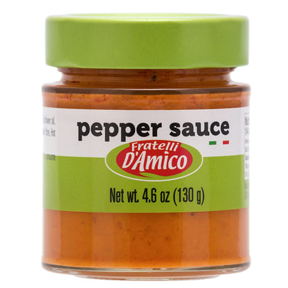 Jar of Fratelli D’Amico Red Pepper Pesto Sauce, authentic Italian red pesto made with grilled sweet peppers, 4.6 oz (130 g).