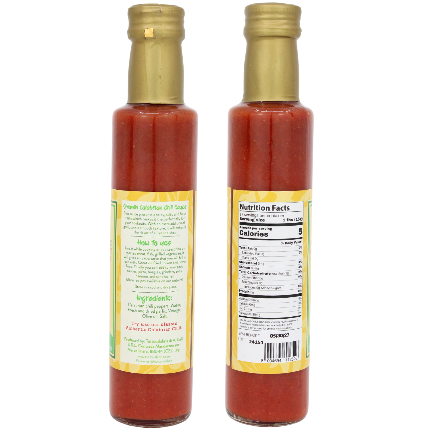 TuttoCalabria Authentic Smooth Calabrian Chili Pepper Sauce with Garlic, 250ml