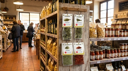 Interior of a store with shelves stocked with various products, including jars and bags.