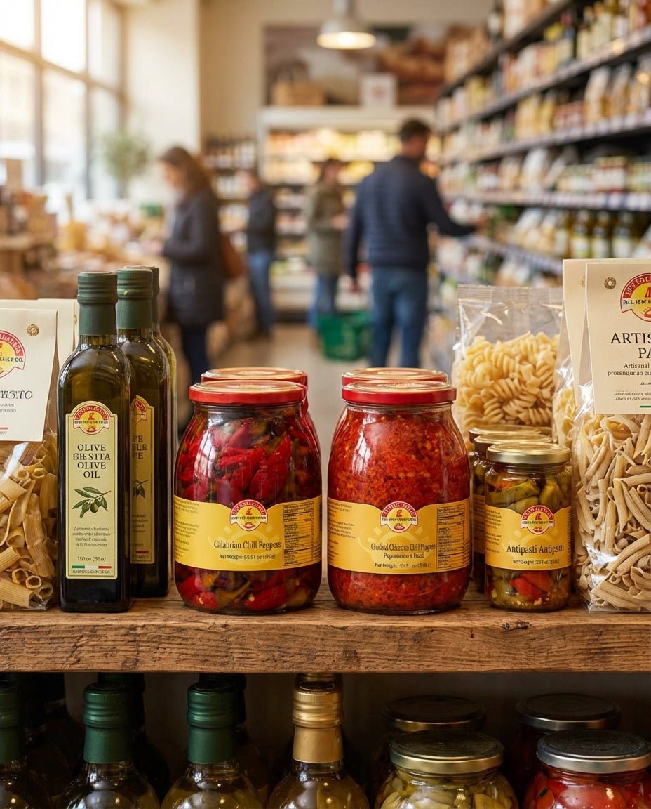 Grocery store shelf with jars of pasta sauce, olive oil, and other food items.