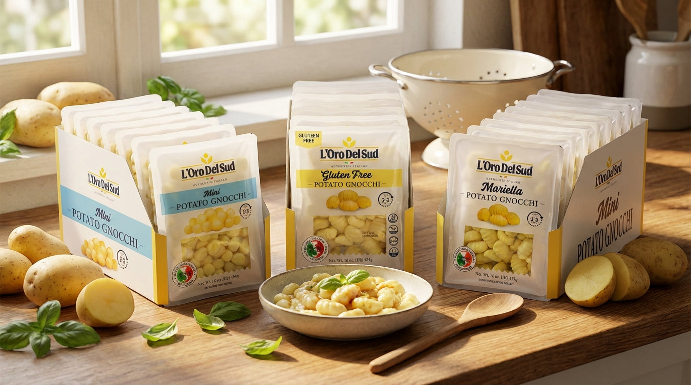 Packages of L'Oro del Sud potato gnocchi on a wooden table with potatoes and a colander in the background.