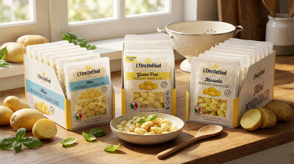 Packages of L'Oro del Sud potato gnocchi on a wooden table with potatoes and a colander in the background.
