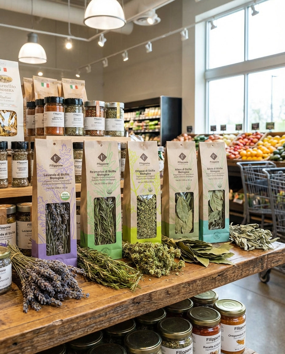 Spices and herbs displayed on a wooden table in a grocery store.