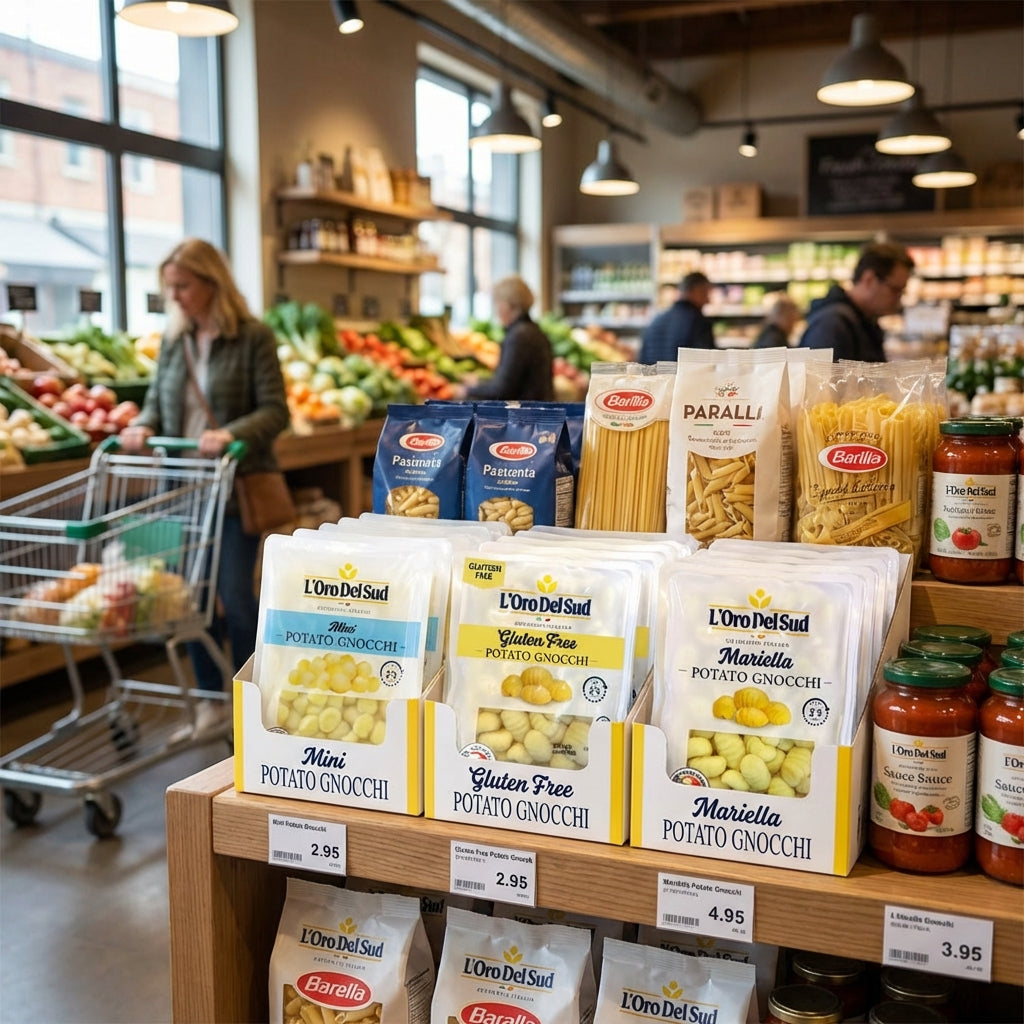 Grocery store aisle with pasta and sauce packages on a shelf.