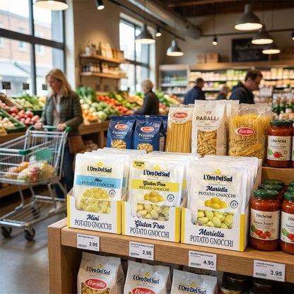 Grocery store aisle with pasta and sauce packages on a shelf.