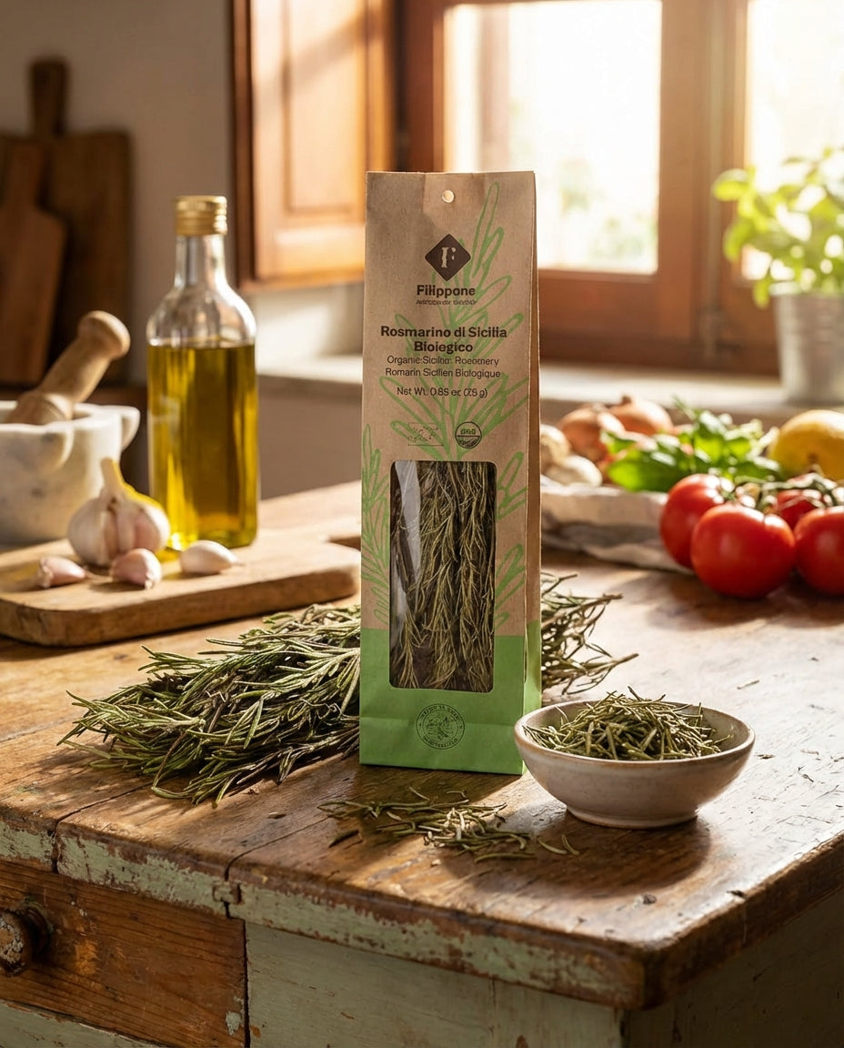 Packaged product on a wooden table with fresh herbs and kitchen items.