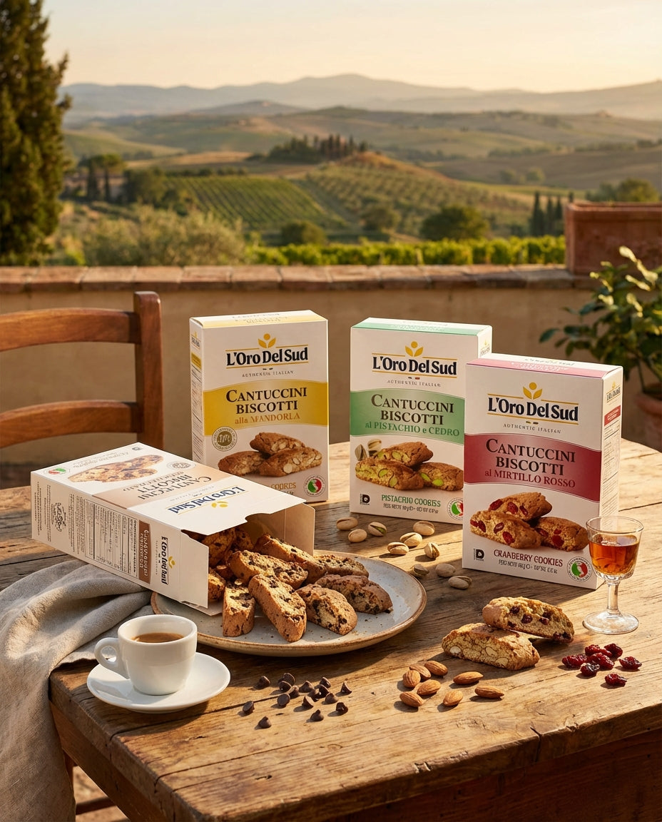 Cantucci biscotti on a wooden table with L'Oro Del Sud packaging, set against a scenic background.