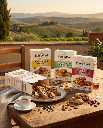 Cantucci biscotti on a wooden table with L'Oro Del Sud packaging, set against a scenic background.