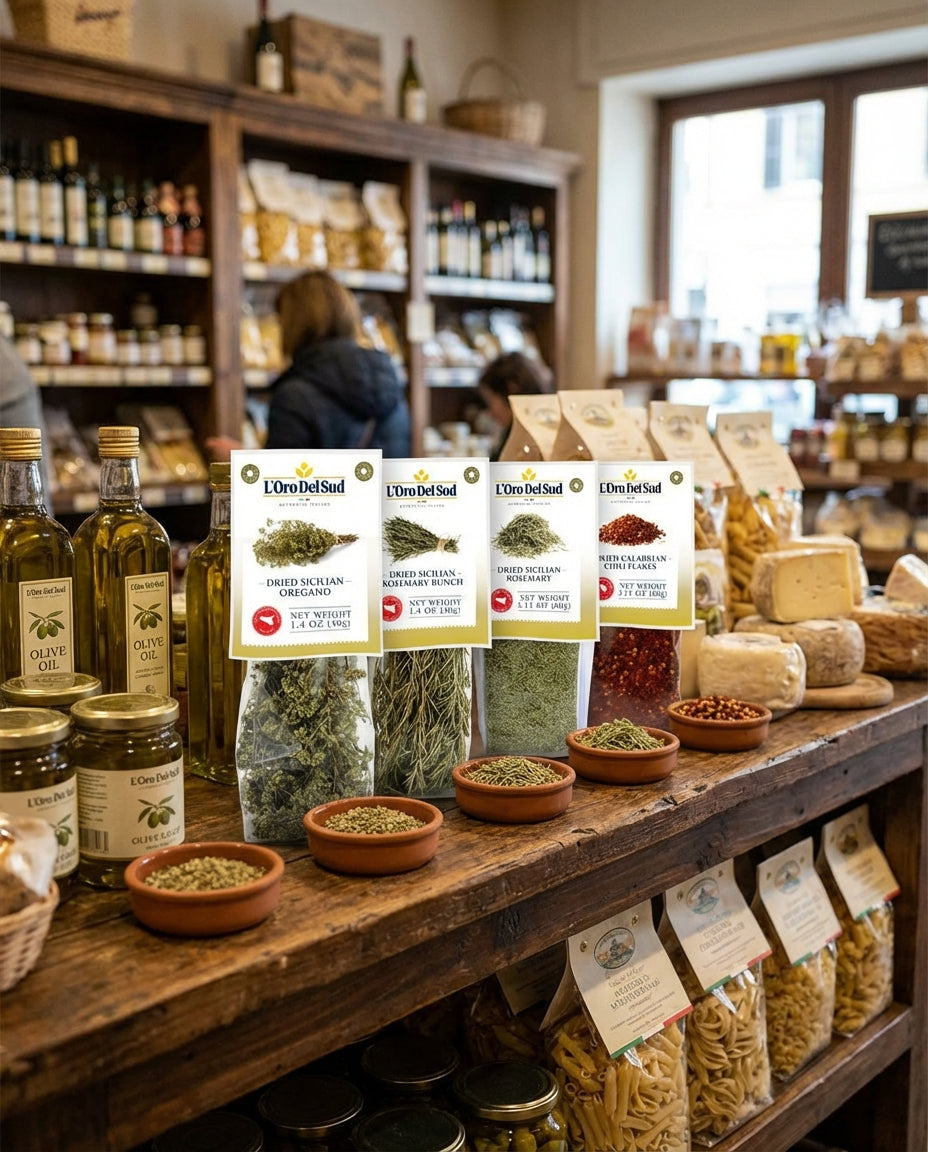 Display of olive oil, herbs, and other products in a store setting.