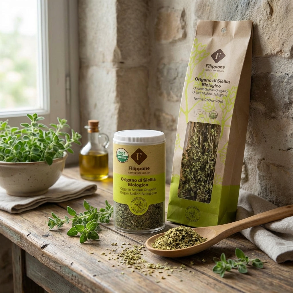Herbs and packaging on a wooden surface with a stone wall background