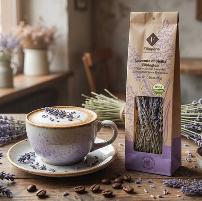 Cup of lavender-scented coffee with a package of Lavender di Sicilia
