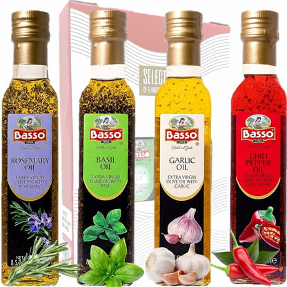 Four bottles of Basso olive oil with labels for rosemary, basil, garlic, and chili pepper oils.