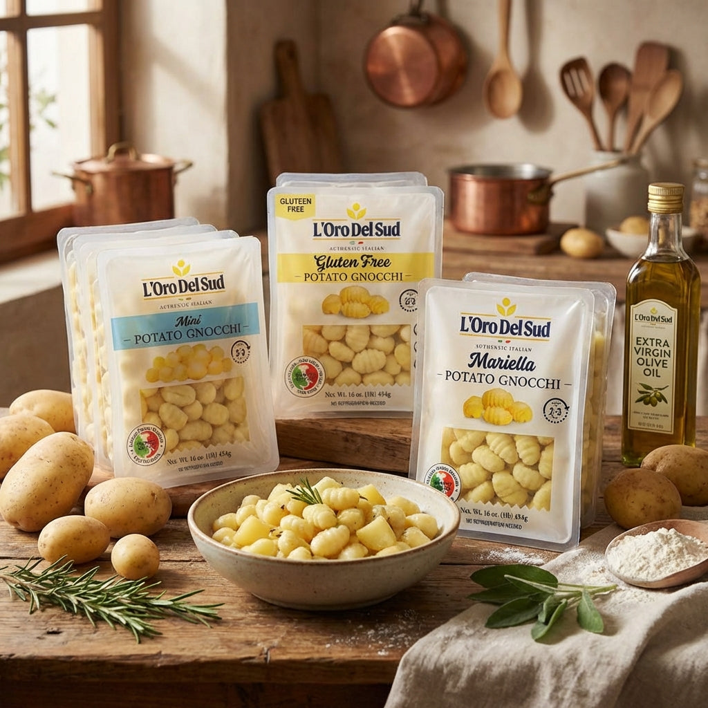 Packages of L'Oro Del Sud potato gnocchi on a wooden table with cooking utensils and ingredients in the background.