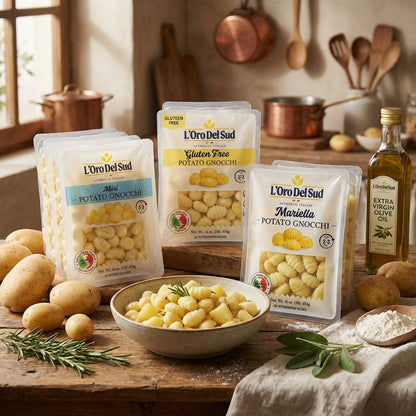 Packages of L'Oro Del Sud potato gnocchi on a wooden table with cooking utensils and ingredients in the background.