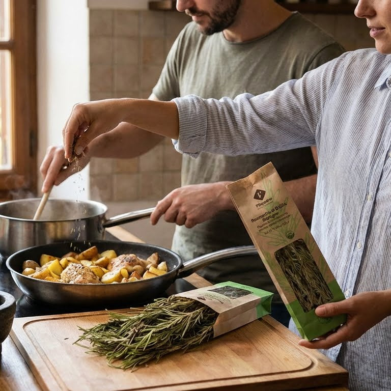 Two people cooking together in a kitchen with herbs and a box of tea.
