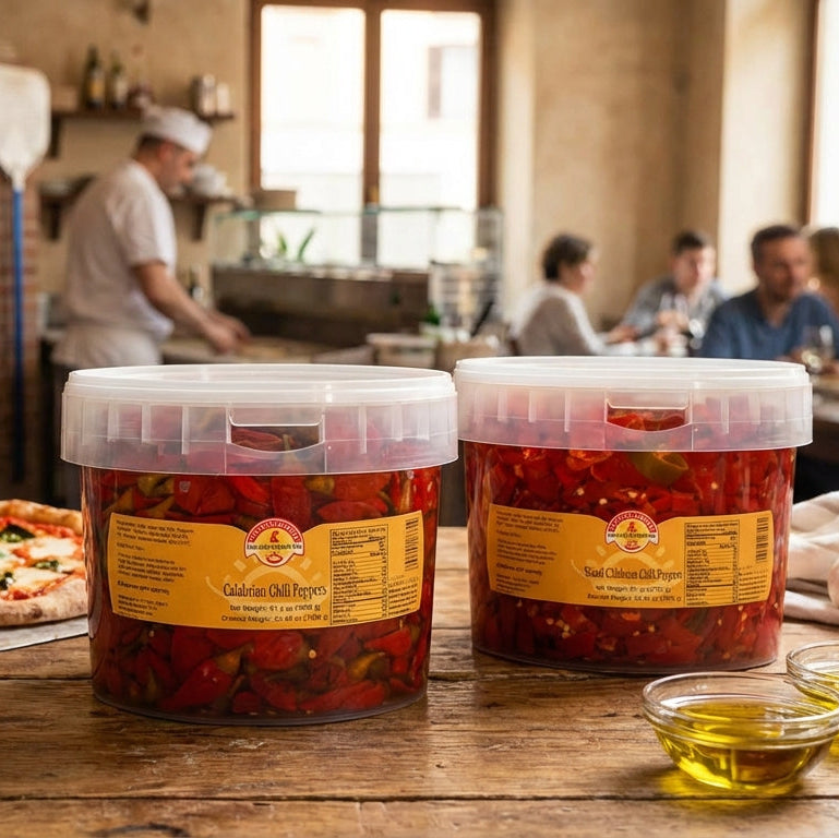 Two large containers of tomato sauce on a wooden table with a pizza and basil in the background.