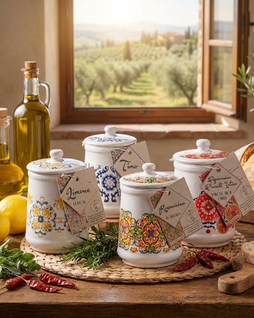 Decorative ceramic jars with floral designs on a wooden table with a window view of greenery.