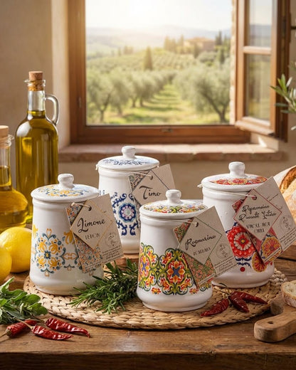 Decorative ceramic jars with floral designs on a wooden table with a window view of greenery.