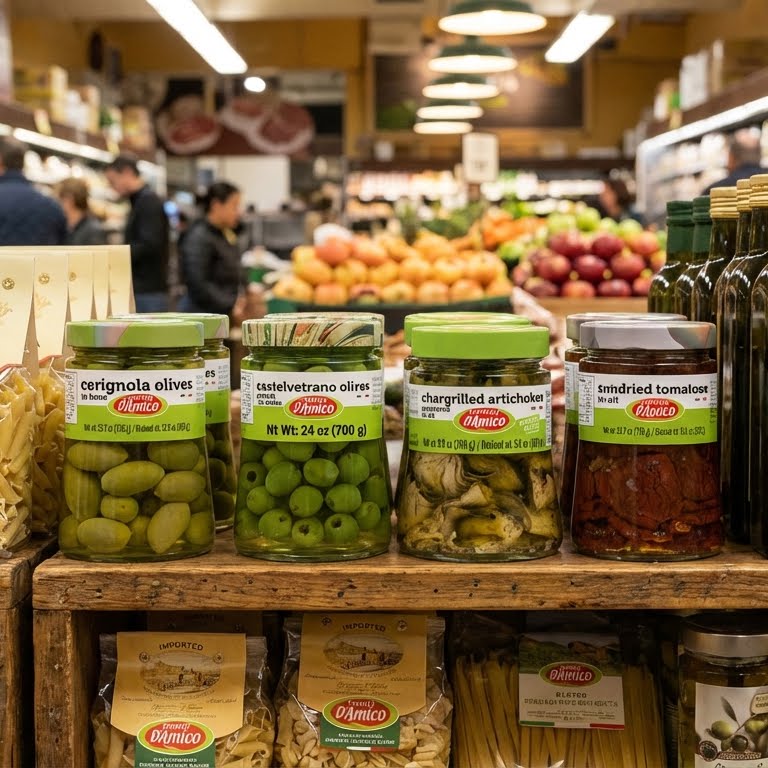 Jars of olives and other groceries on a wooden shelf in a market.