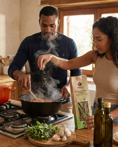 Man and woman cooking together in a kitchen, with a focus on herbs and a package of dried herbs.