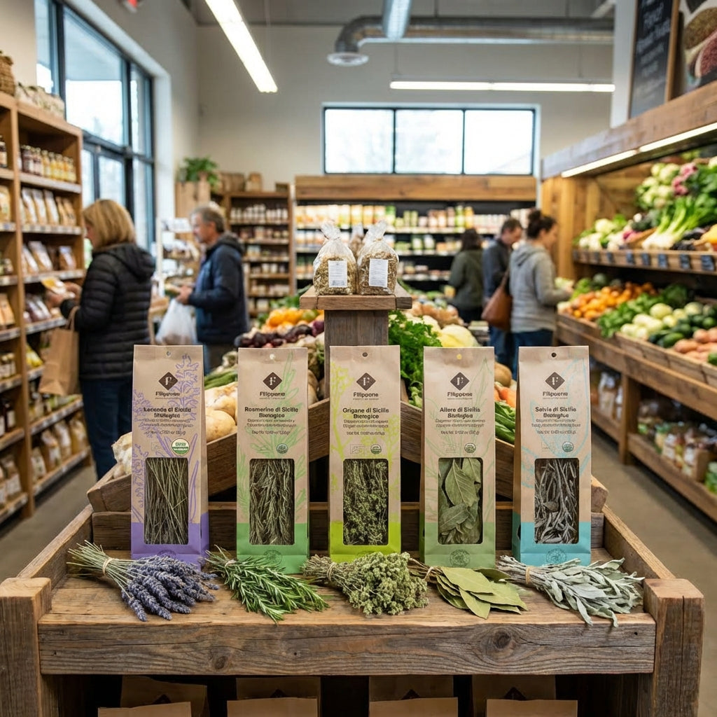 Herbal products on display in a grocery store with people in the background