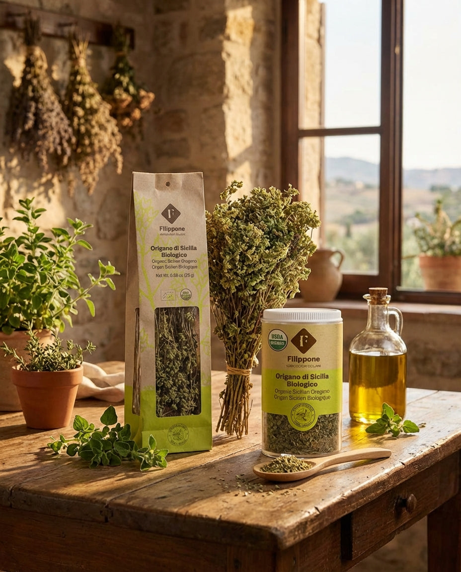 Herbal products on a wooden table with a window view of a scenic landscape.