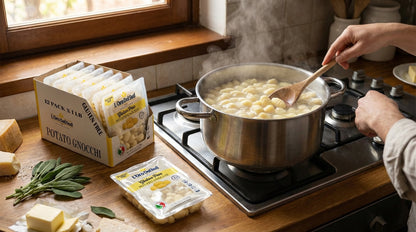 Person cooking gnocchi in a pot on a stove with ingredients and packaging nearby.