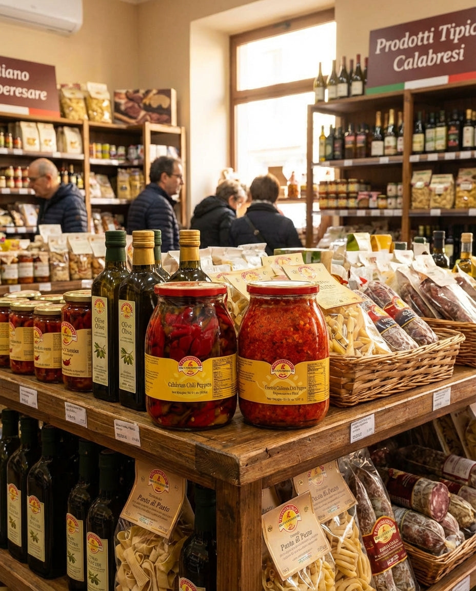 Italian food store with shelves stocked with jars, bottles, and packaged goods.