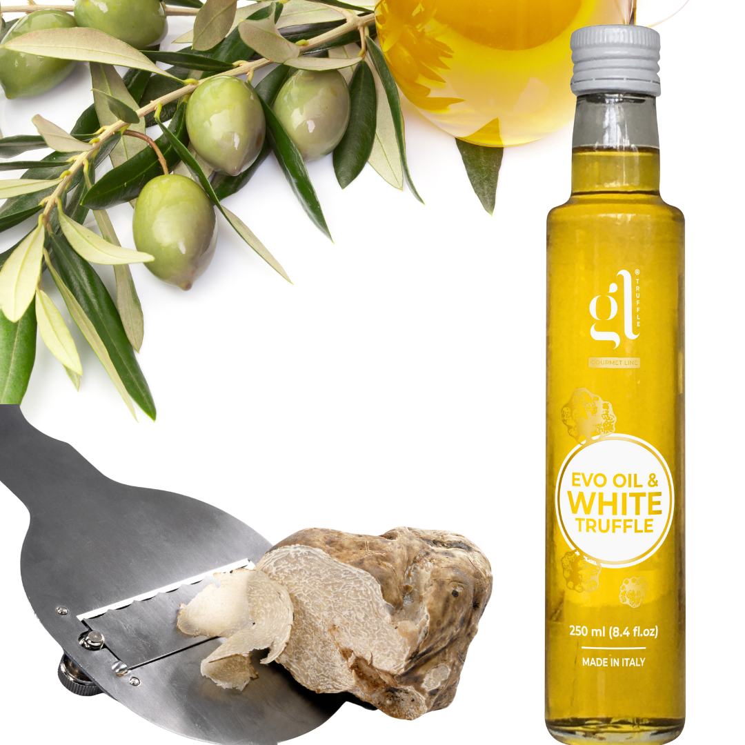 GL Truffle Gourmet Line, Extra Virgin Olive Oil & White Truffle with truffle slices 250 ml (8.5 Fl oz)