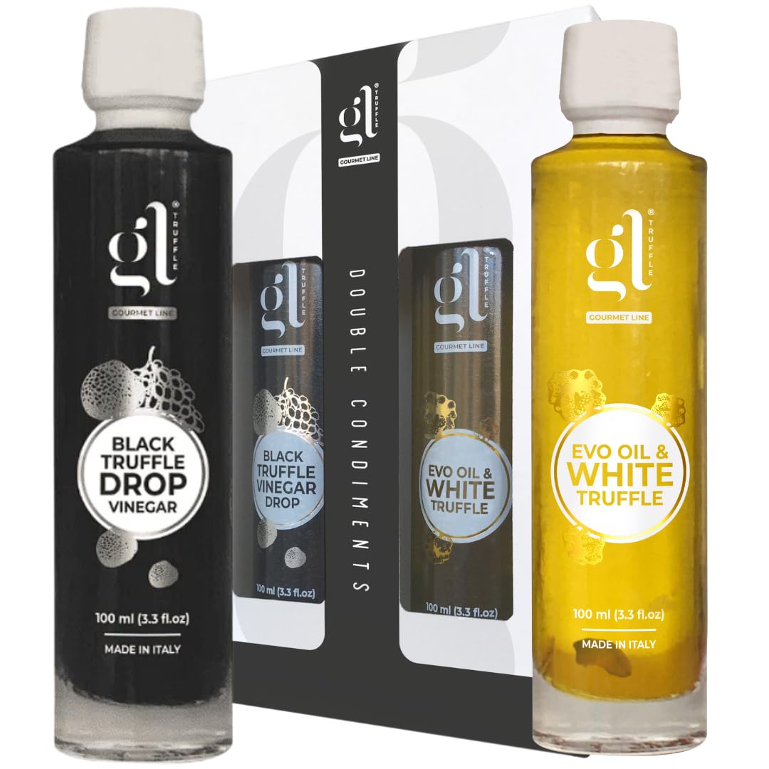 GL Truffle Double Condiments set featuring Black Truffle Vinegar Drop and Extra Virgin Olive Oil with White Truffle bottles, displayed with elegant packaging.