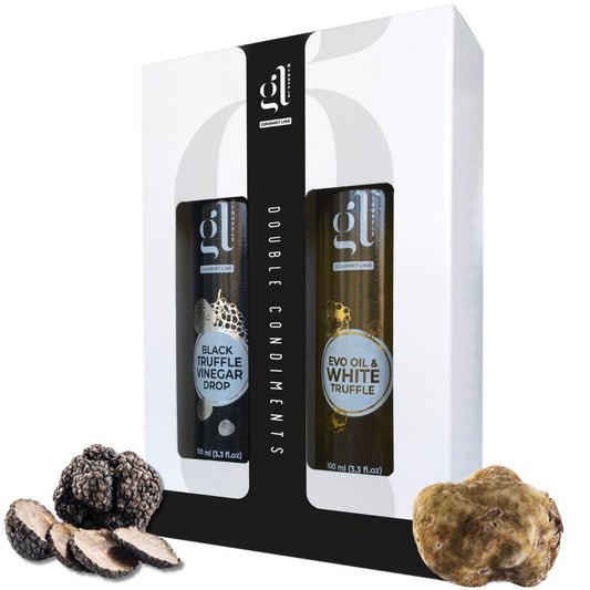 GL Truffle Gourmet Gift Set featuring two bottles: Extra Virgin Olive Oil with truffle slices and Black Truffle Vinegar Drop, displayed with black and white truffles.