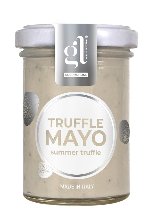 Glass jar of GL Truffle Gourmet Line Truffle Mayo with Summer Truffle, premium Italian mayonnaise infused with black summer truffles, front label view.