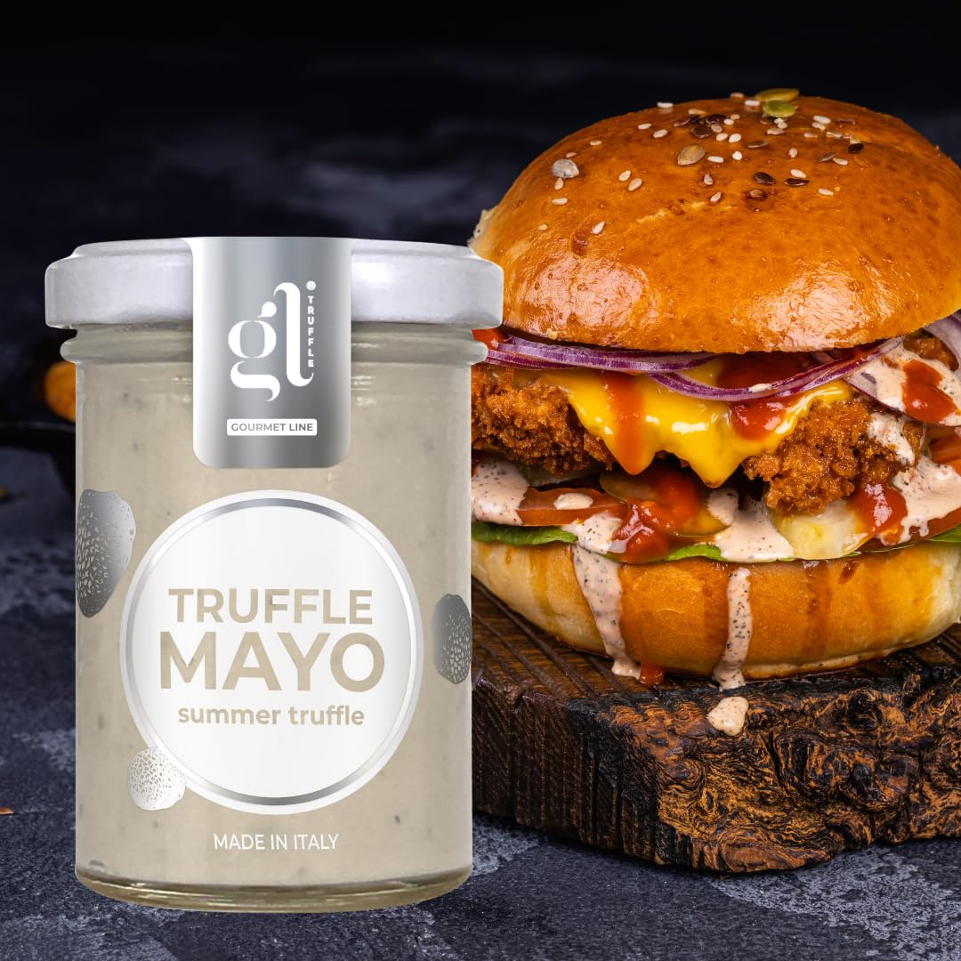 Glass jar of GL Truffle Gourmet Line Truffle Mayo with Summer Truffle, premium Italian mayonnaise, displayed next to a gourmet burger with fried chicken, cheddar cheese, onions, and sauces, highlighting its rich and indulgent flavor pairing.