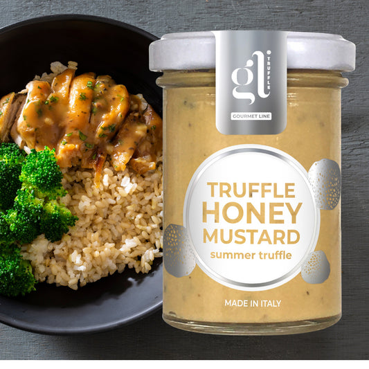 GL Truffle Honey Mustard with Summer Truffle served alongside chicken, rice, and broccoli, gourmet Italian mustard with honey and truffle, perfect for enhancing savory dishes.