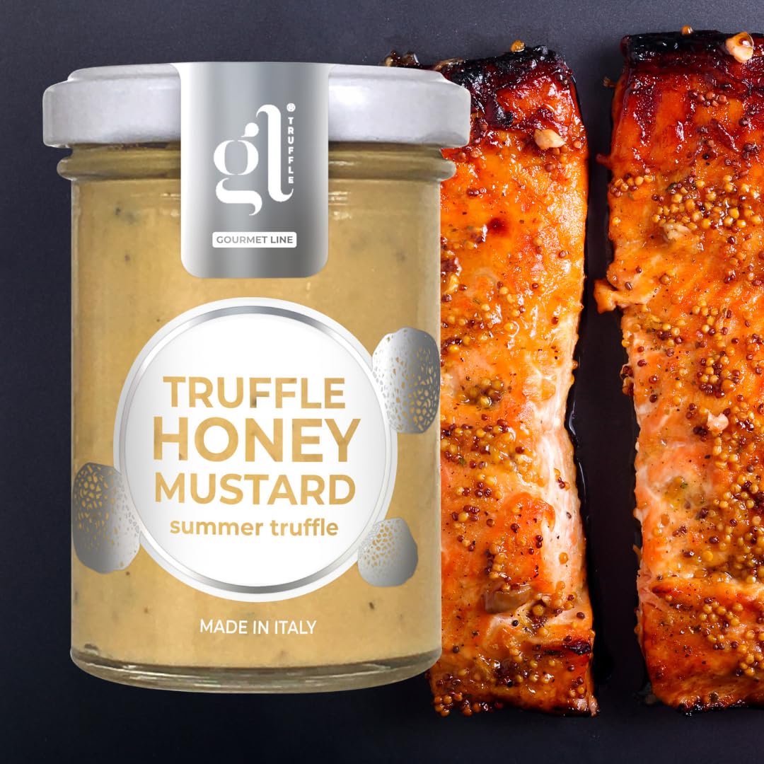 Jar of GL Truffle Honey Mustard (summer truffle, made in Italy) displayed next to grilled salmon fillets glazed with honey mustard sauce, showcasing a gourmet pairing idea.