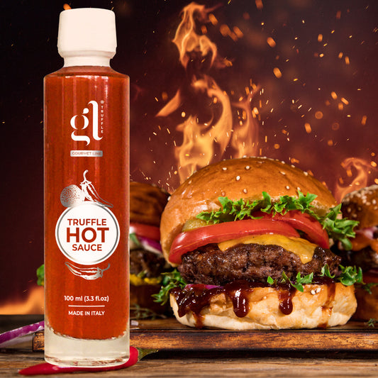GL Truffle Hot Sauce bottle with gourmet burger and flames in background