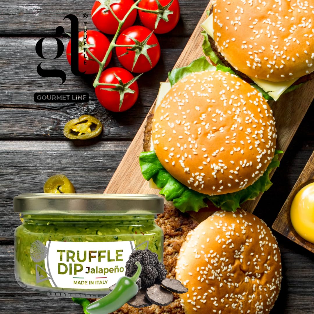 GL Truffle Jalapeño Truffle Dip with burgers and fresh tomatoes, spicy gourmet dip with truffle and jalapeño, made in Italy