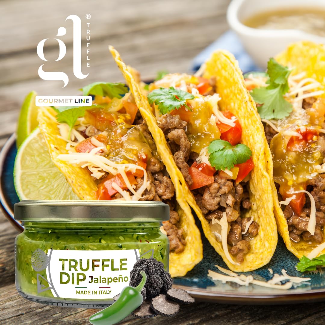 GL Truffle Jalapeño Truffle Dip with tacos, spicy gourmet dip with truffle and jalapeño, made in Italy
