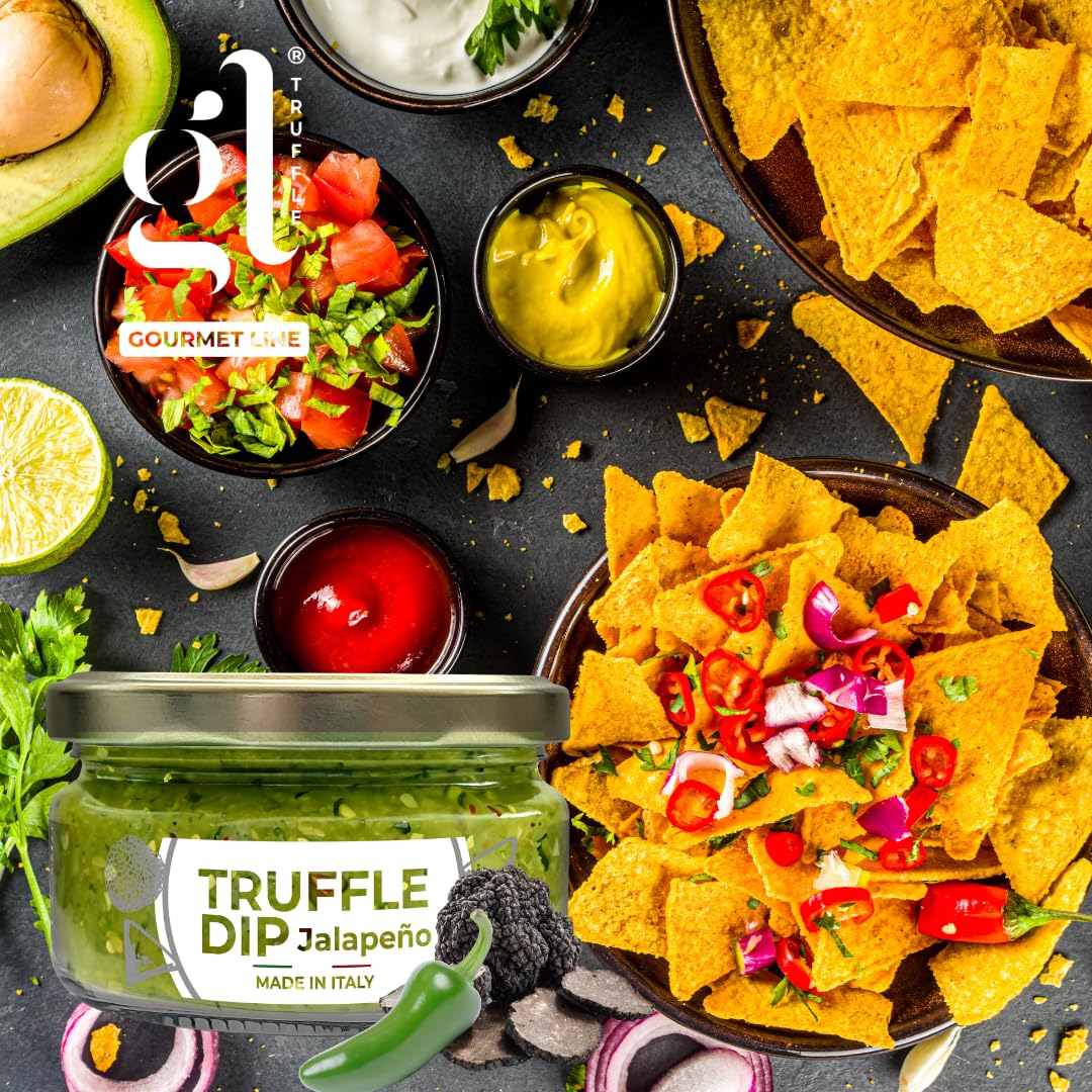 GL Truffle Jalapeño Truffle Dip with nachos and toppings, spicy gourmet dip with truffle and jalapeño, made in Italy