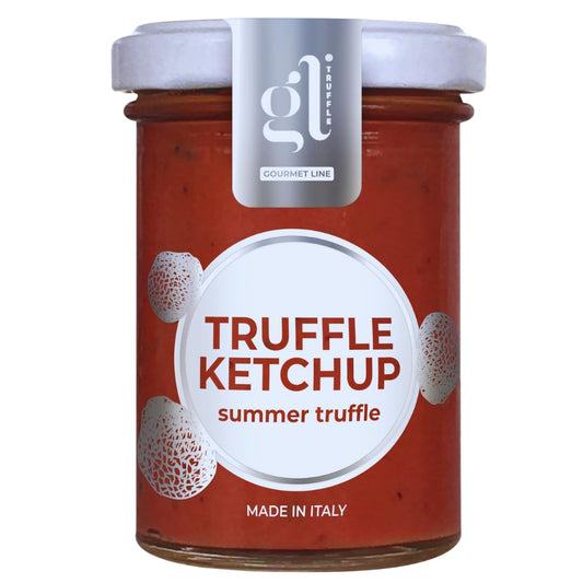 Jar of GL Truffle Ketchup with Summer Truffle, rich Italian ketchup infused with premium black truffles, gourmet condiment for burgers, fries, meats, and dipping.