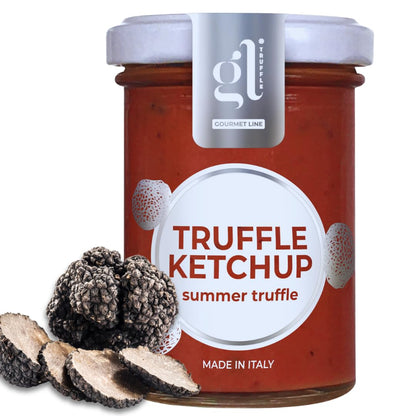 Jar of GL Truffle Ketchup with Summer Truffle, rich Italian ketchup infused with premium black truffles, gourmet condiment for burgers, fries, meats, and dipping.