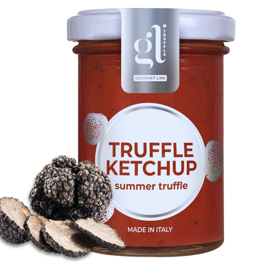 Jar of GL Truffle Ketchup with Summer Truffle, rich Italian ketchup infused with premium black truffles, gourmet condiment for burgers, fries, meats, and dipping.