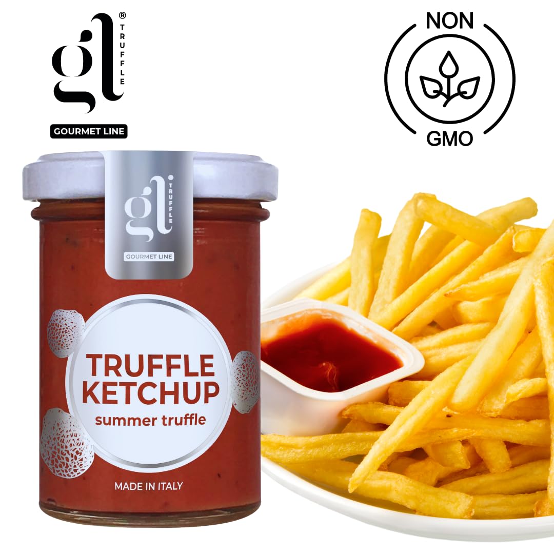 Jar of GL Truffle Ketchup with Summer Truffle next to a bowl of golden French fries with dipping ketchup, labeled Non-GMO, gourmet Italian condiment made with black truffle essence