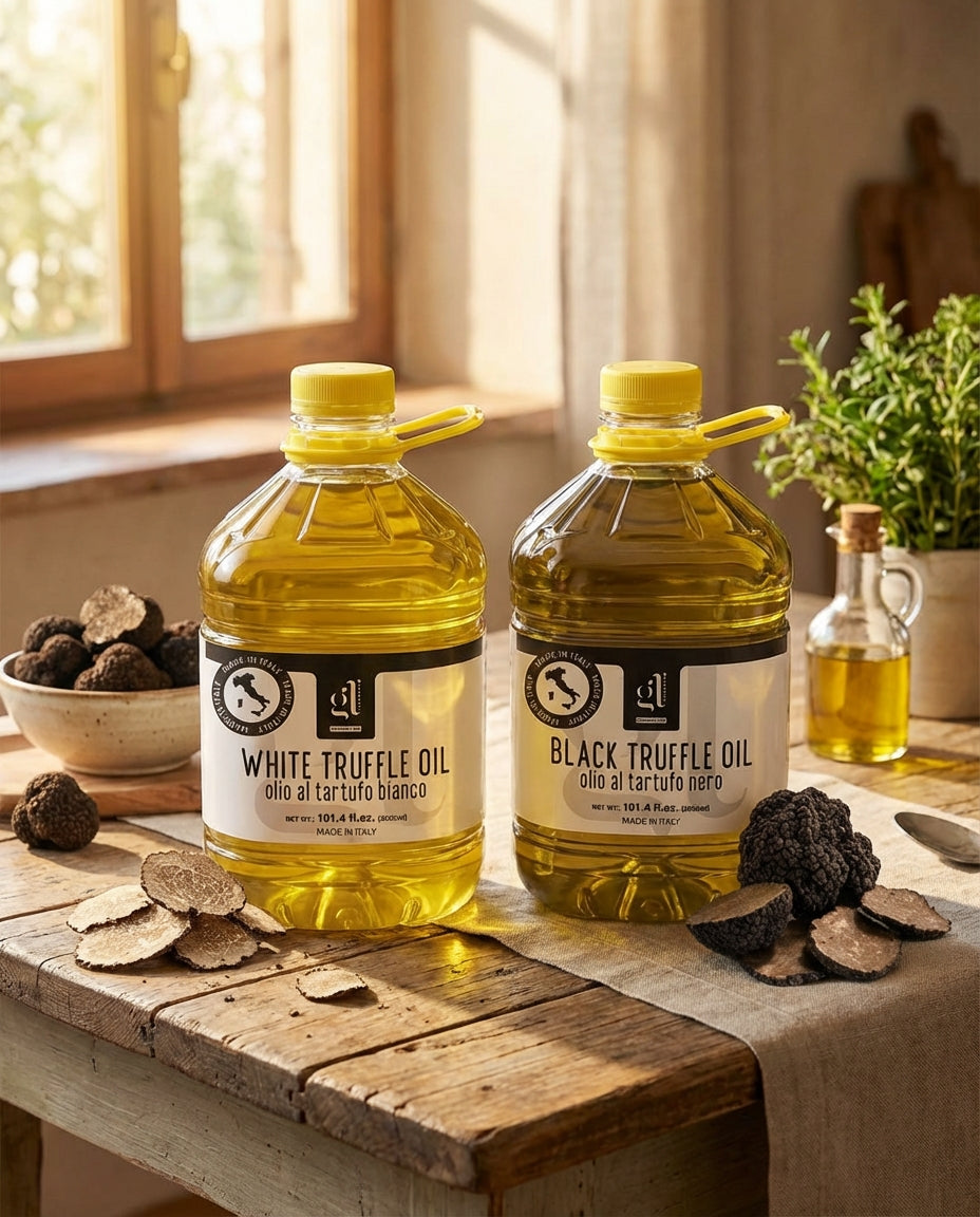 Two bottles of truffle oil on a wooden surface with truffles around.