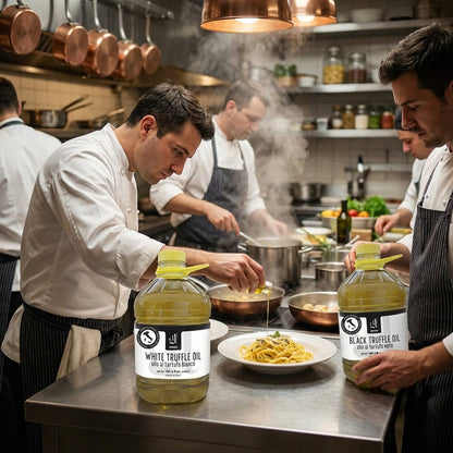 Chefs preparing pasta in a kitchen with bottles of truffle oil on the counter.