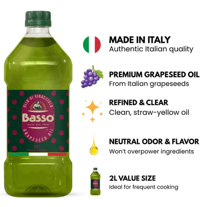 Basso 1904 Italian Grapeseed Oil – Light Neutral Cooking Oil – 67.6 fl oz (2 L)