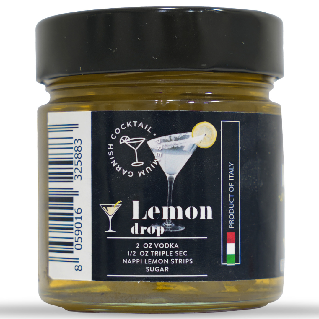 Nappi 1911, Lemon Twist, Candied Lemon Peel Strips in Syrup (11 oz) are a delightful and authentic Italian product, known for their superior quality and flavor. These candied lemon peel strips serve as a popular and visually appealing cocktail garnish, elevating the presentation of classic drinks like Margarita, Martini, Negroni, Lemon Drop, and Old Fashioned.